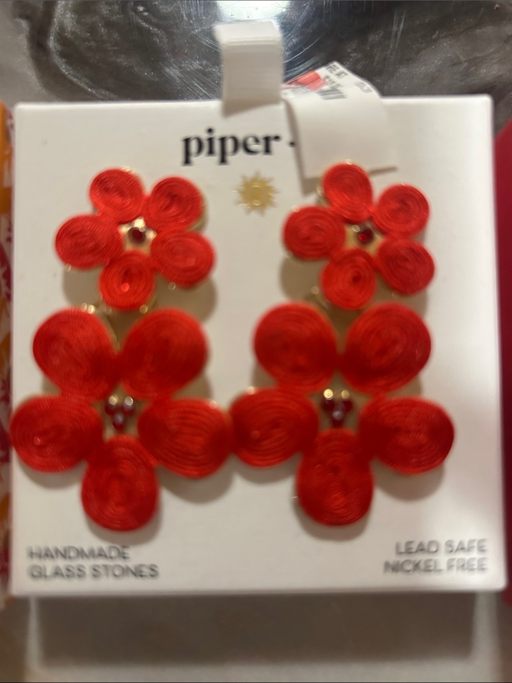 Piper K  Red Floral Drop Dangle Earrings - Double Flower Statement